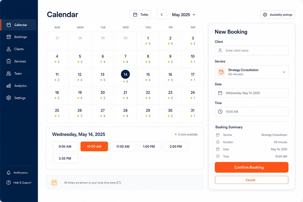 A clean booking tool interface — the kind of custom tool Funnelithic builds